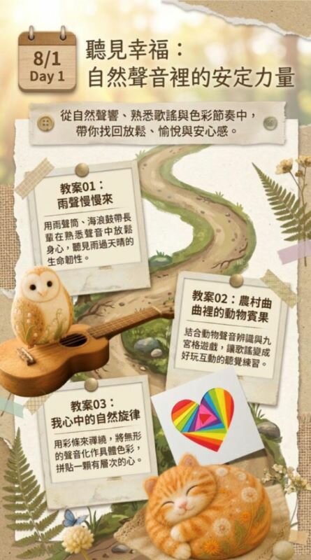 音樂輔療透過自然的聲音舒緩大腦，引導參與者回到記憶、感受與生命經驗之中。(圖片來源/康思云)