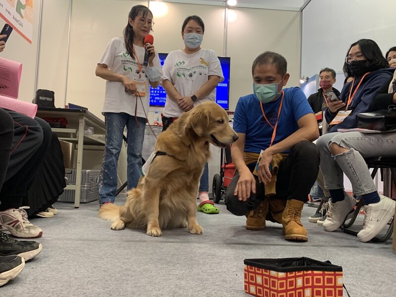 展覽期間，台灣動物輔助治療專業發展協會也特別安排2隻治療犬到場互動體驗。（攝影／江綺玲）