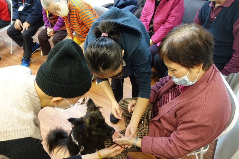 長輩對小狗或可愛動物有新鮮感，更能提高長輩活動意願。（圖片來源／金大心日照中心）