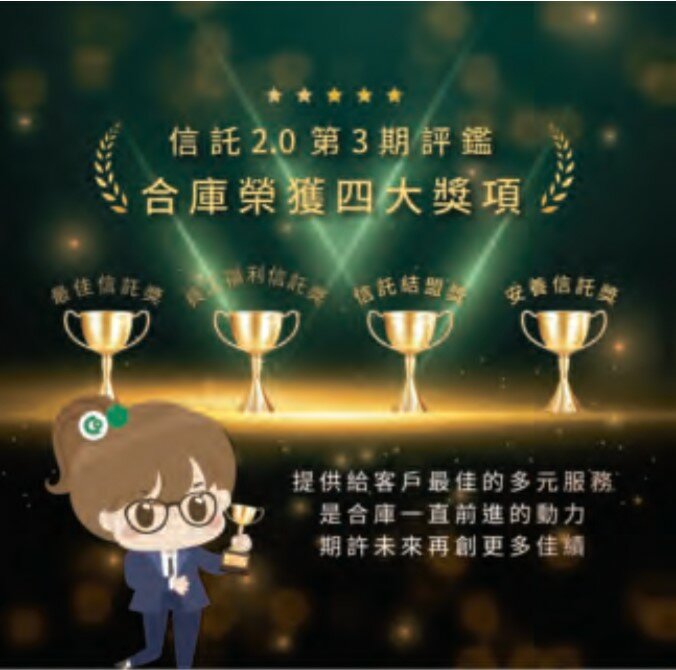 信託2.0第3期評鑑結果合作金庫榮獲4大獎項。(圖片來源/合作金庫)