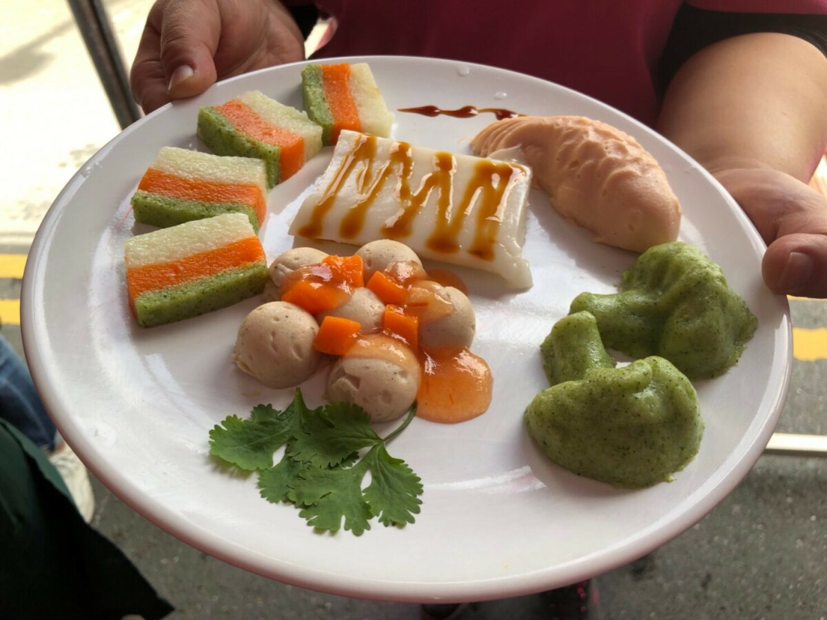 一雙手端著白色餐盤，盤中擺有不同形狀與色彩的介護食